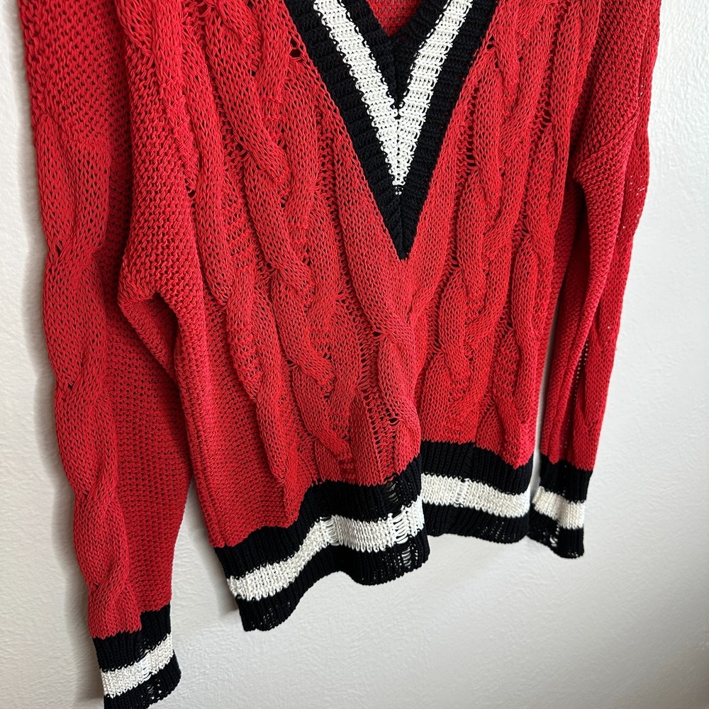 Rag & Bone Red Open Knit Cable Varsity V-Neck Sweater Mens Medium Striped Trim - Picture 6 of 8